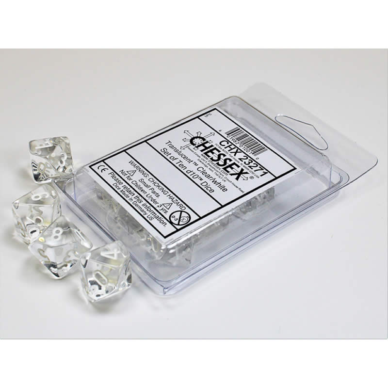 CHX23271 Clear Translucent Dice White Numbers D10 Aprox 16mm Set of 10 (ONLINE ORDER ONLY)