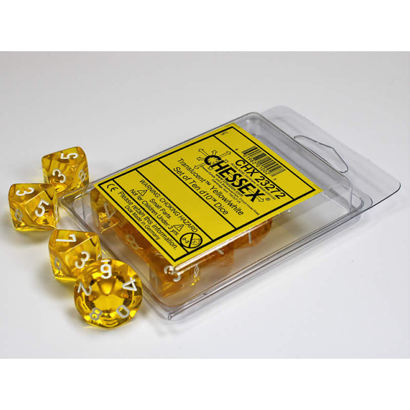 CHX23272 Yellow Translucent Dice White Numbers D10 Aprox 16mm Set of 10 (ONLINE ORDER ONLY)