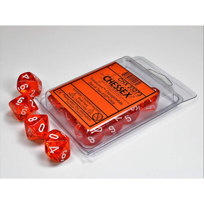 CHX23273 Orange Translucent Dice White Numbers D10 Aprox 16mm Set of 10 (ONLINE ORDER ONLY)