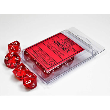 CHX23274 Red Translucent Dice White Numbers D10 16mm (5/8in) Set of 10 (ONLINE ORDER ONLY)
