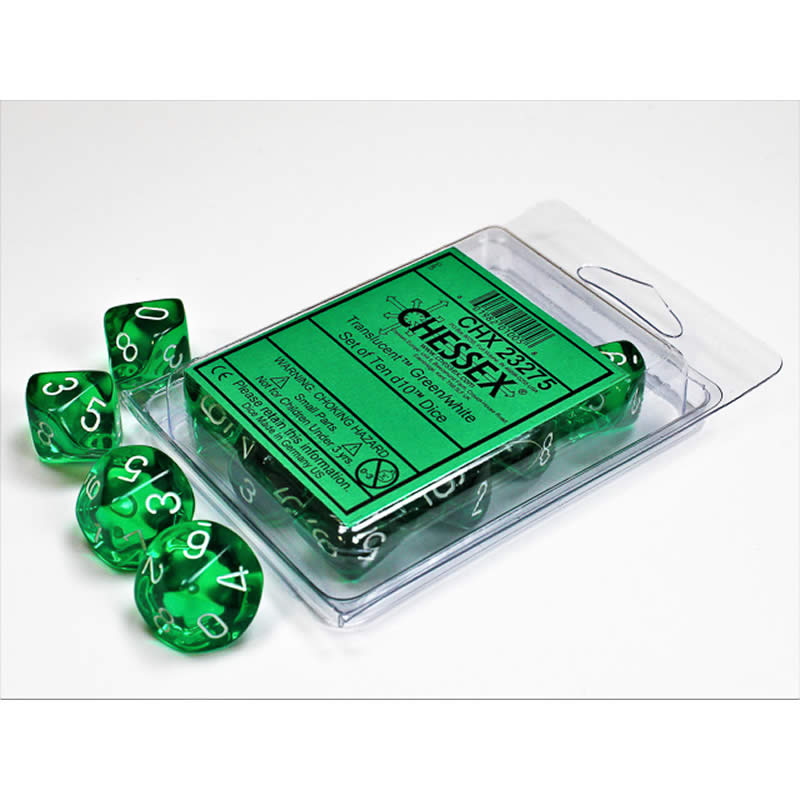 CHX23275 Green Translucent Dice White Numbers D10 16mm (5/8in) Set of 10 (ONLINE ORDER ONLY)