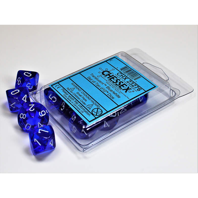 CHX23276 Blue Translucent Dice White Numbers D10 16mm (5/8in) Set of 10 (ONLINE ORDER ONLY)