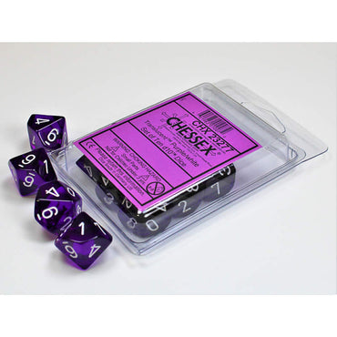 CHX23277 Purple Translucent Dice White Numbers D10 16mm (5/8in) Set of 10 (ONLINE ORDER ONLY)