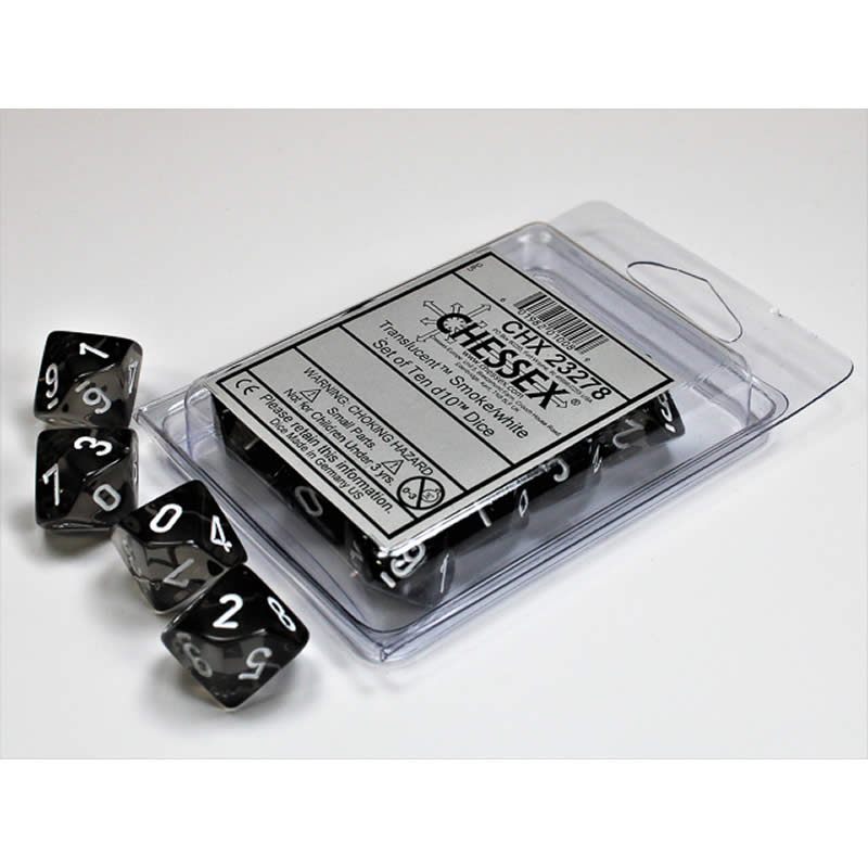 CHX23278 Smoke Translucent Dice White Numbers D10 Aprox 16mm Set of 10 (ONLINE ORDER ONLY)
