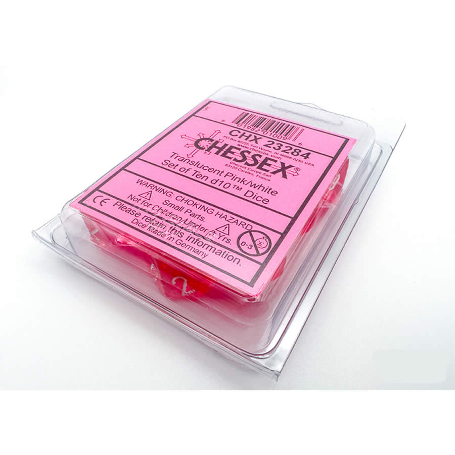 CHX23284 Pink Translucent Dice with White Numbers D10 Aprox 16mm (5/8in) Set of 10 (ONLINE ORDER ONLY)