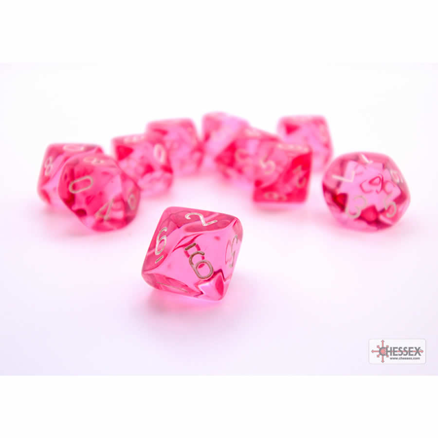 CHX23284 Pink Translucent Dice with White Numbers D10 Aprox 16mm (5/8in) Set of 10 (ONLINE ORDER ONLY)