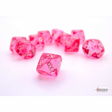 CHX23284 Pink Translucent Dice with White Numbers D10 Aprox 16mm (5/8in) Set of 10 (ONLINE ORDER ONLY)