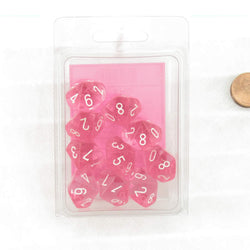 CHX23284 Pink Translucent Dice with White Numbers D10 Aprox 16mm (5/8in) Set of 10 (ONLINE ORDER ONLY)