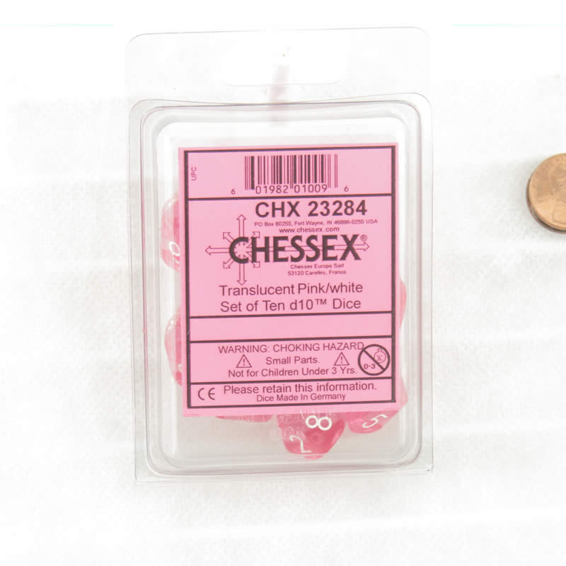 CHX23284 Pink Translucent Dice with White Numbers D10 Aprox 16mm (5/8in) Set of 10 (ONLINE ORDER ONLY)