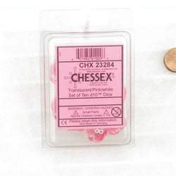 CHX23284 Pink Translucent Dice with White Numbers D10 Aprox 16mm (5/8in) Set of 10 (ONLINE ORDER ONLY)