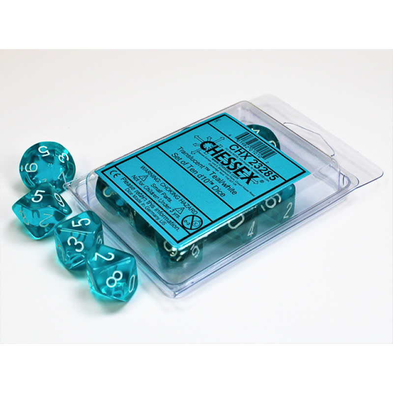 CHX23285 Teal Translucent Dice White Numbers D10 16mm Set of 10 (ONLINE ORDER ONLY)