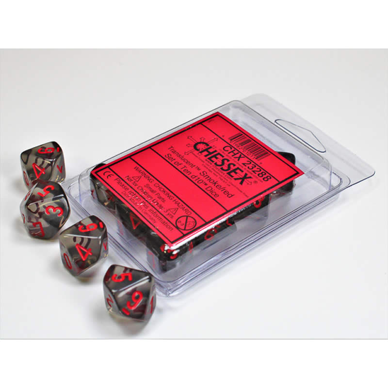 CHX23288 Smoke Translucent Dice Red Numbers D10 Aprox 16mm Set of 10 (ONLINE ORDER ONLY)