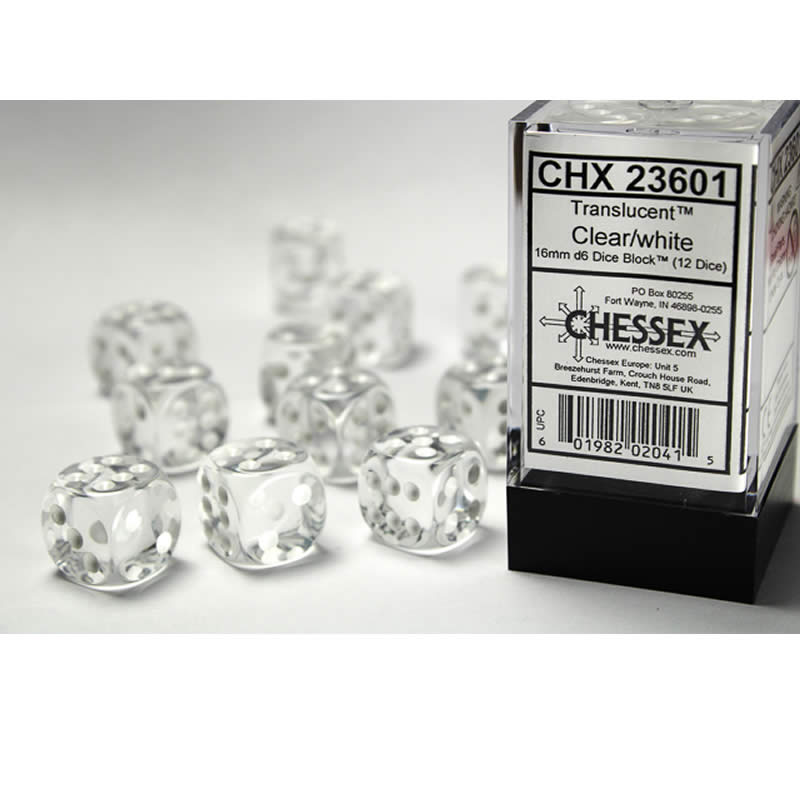 CHX23601 Clear Translucent Dice White Pips D6 16mm (5/8in) Pack of 12 (ONLINE ORDER ONLY)