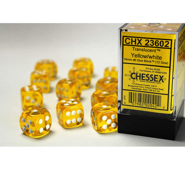 CHX23602 Yellow Translucent Dice White Pips D6 16mm (5/8in) Pack of 12 (ONLINE ORDER ONLY)