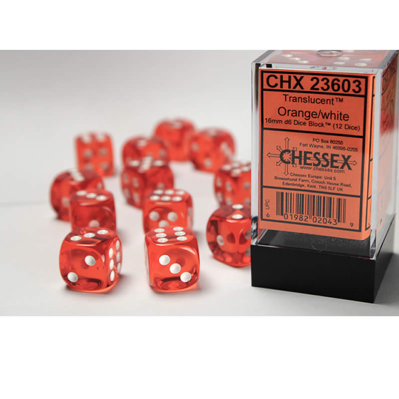 CHX23603 Orange Translucent Dice White Pips D6 16mm (5/8in) Pack of 12 (ONLINE ORDER ONLY)