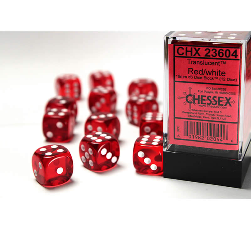 CHX23604 Red Translucent Dice White Pips D6 16mm (5/8in) Pack of 12 (ONLINE ORDER ONLY)