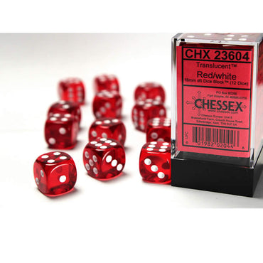 CHX23604 Red Translucent Dice White Pips D6 16mm (5/8in) Pack of 12 (ONLINE ORDER ONLY)
