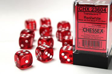 Chessex Translucent Red/White 16MM D6 Dice Block (12 dice)