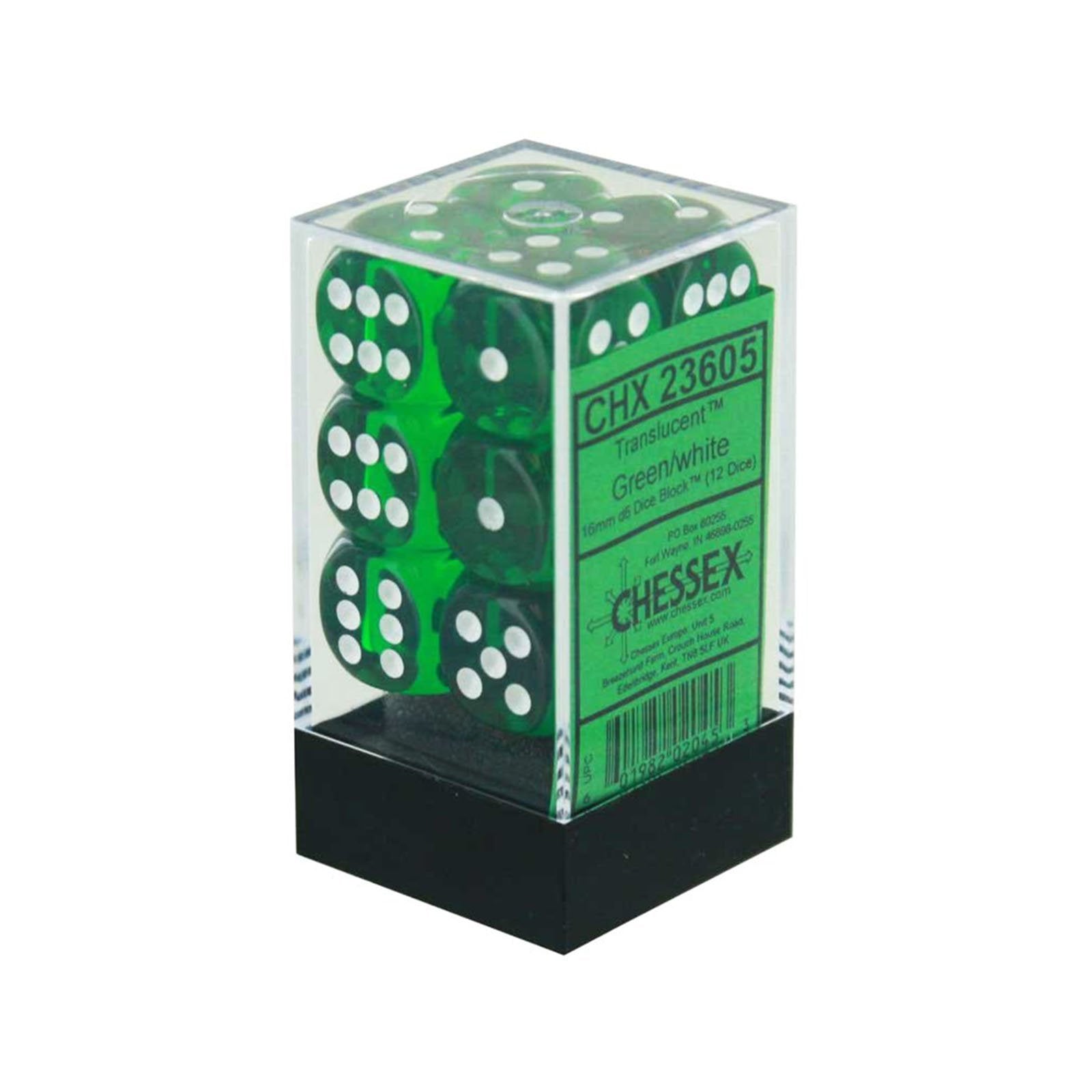 Chessex Translucent Green/White 16MM D6 Dice Block (12 dice)