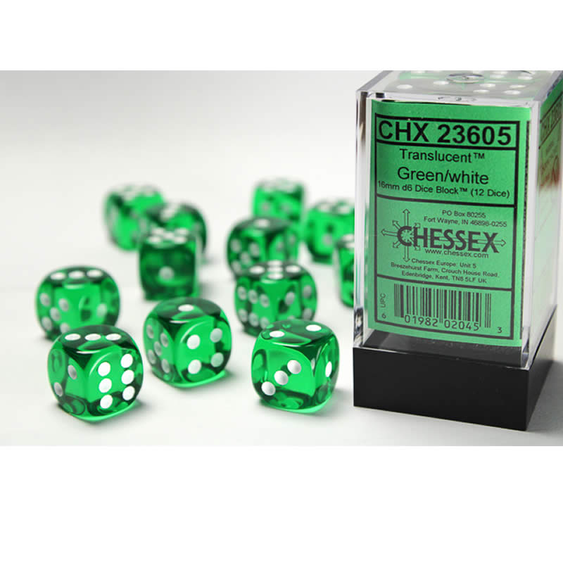 CHX23605 Green Translucent Dice White Pips D6 16mm (5/8in) Pack of 12 (ONLINE ORDER ONLY)