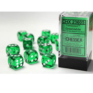 CHX23605 Green Translucent Dice White Pips D6 16mm (5/8in) Pack of 12 (ONLINE ORDER ONLY)