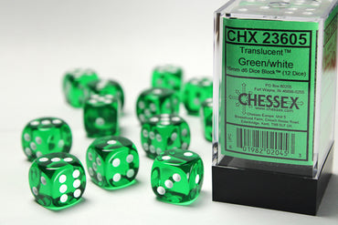 Chessex Translucent Green/White 16MM D6 Dice Block (12 dice)