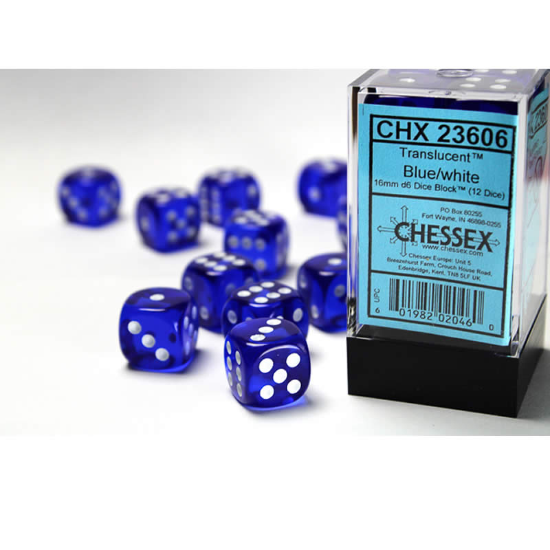 CHX23606 Blue Translucent D6 Dice White Pips 16mm Pack of 12 (ONLINE ORDER ONLY)