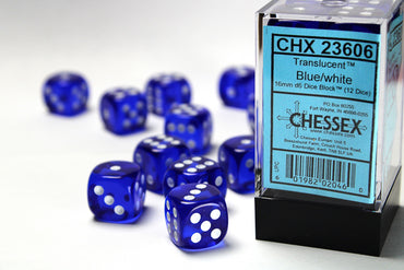 Chessex Translucent Blue/White 16MM D6 Dice Block (12 dice)