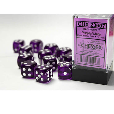 CHX23607 Purple Translucent D6 Dice White Pips 16mm Pack of 12 (ONLINE ORDER ONLY)