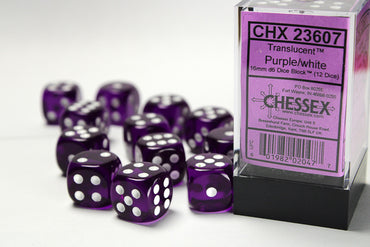 Chessex Translucent Purple/White 16MM D6 Dice Block (12 dice)