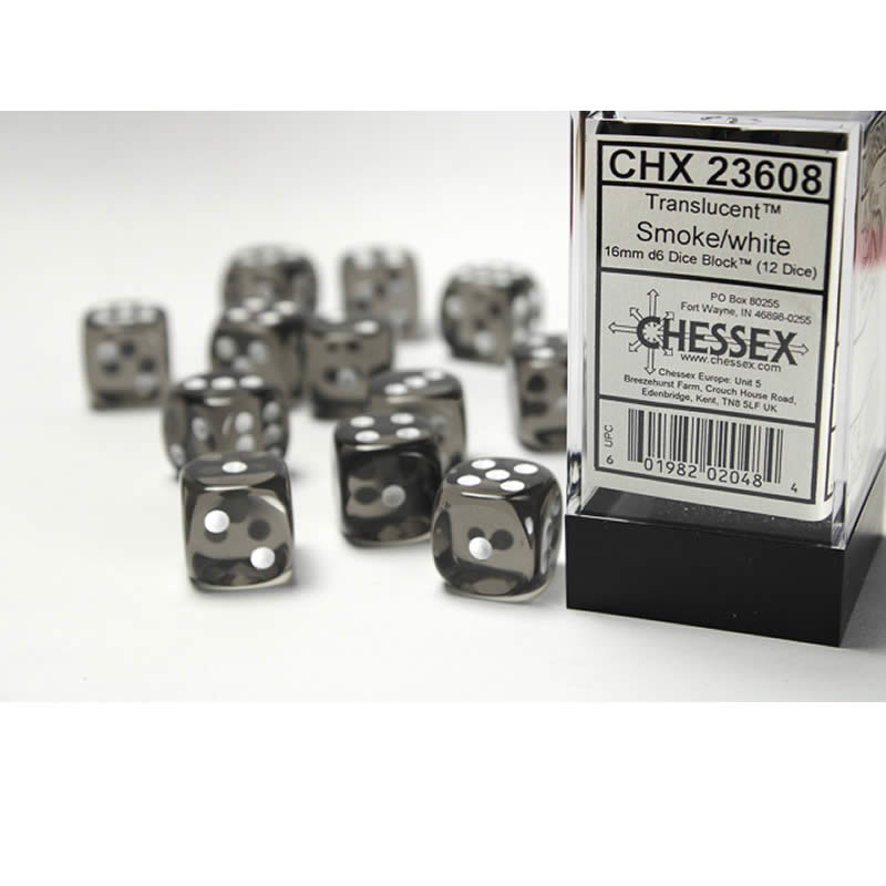 CHX23608 Smoke Translucent D6 Dice White Pips 16mm Pack of 12 (ONLINE ORDER ONLY)