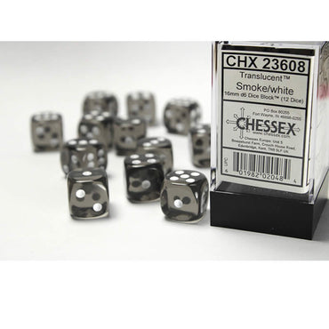 CHX23608 Smoke Translucent D6 Dice White Pips 16mm Pack of 12 (ONLINE ORDER ONLY)