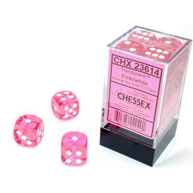 CHX23614 Pink Translucent D6 Dice with White Pips 16mm (5/8in) Pack of 12 (ONLINE ORDER ONLY)