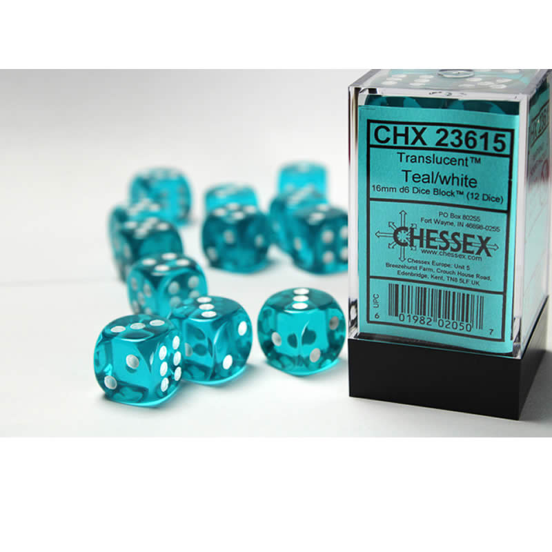 CHX23615 Teal Translucent D6 Dice White Pips 16mm Pack of 12 (ONLINE ORDER ONLY)