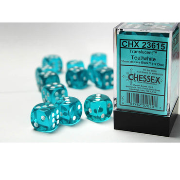 CHX23615 Teal Translucent D6 Dice White Pips 16mm Pack of 12 (ONLINE ORDER ONLY)
