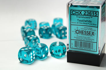 Chessex Translucent Teal/White 16MM D6 Dice Block (12 dice)