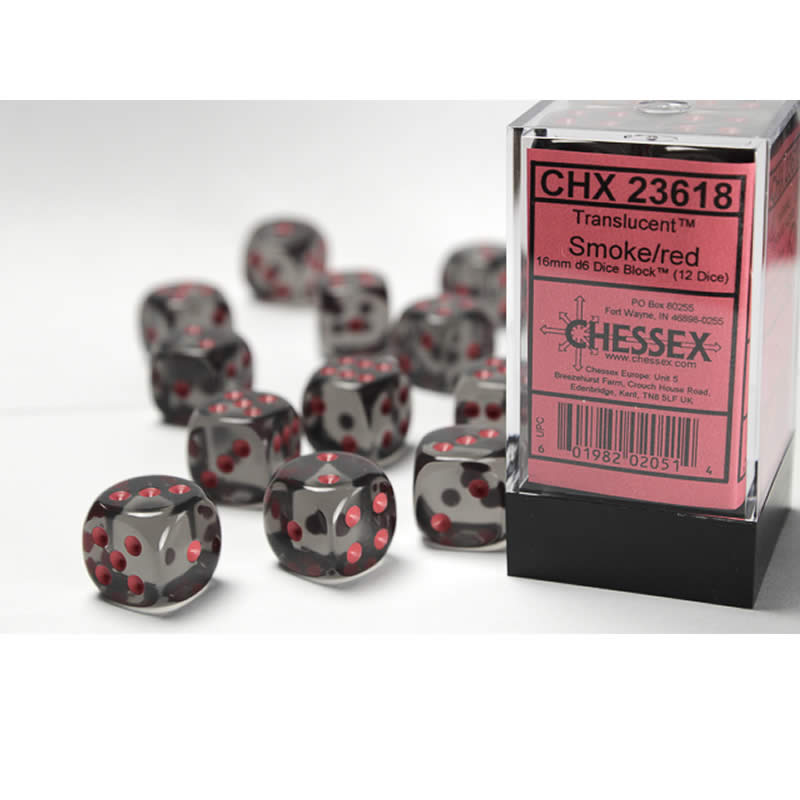 CHX23618 Smoke Translucent D6 Dice Red Pips 16mm Pack of 12 (ONLINE ORDER ONLY)