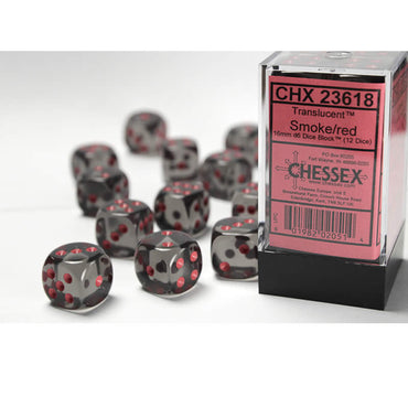 CHX23618 Smoke Translucent D6 Dice Red Pips 16mm Pack of 12 (ONLINE ORDER ONLY)