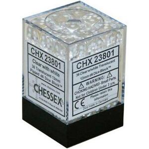 Chessex Translucent Clear/White 12MM D6 Dice Block (36 dice)