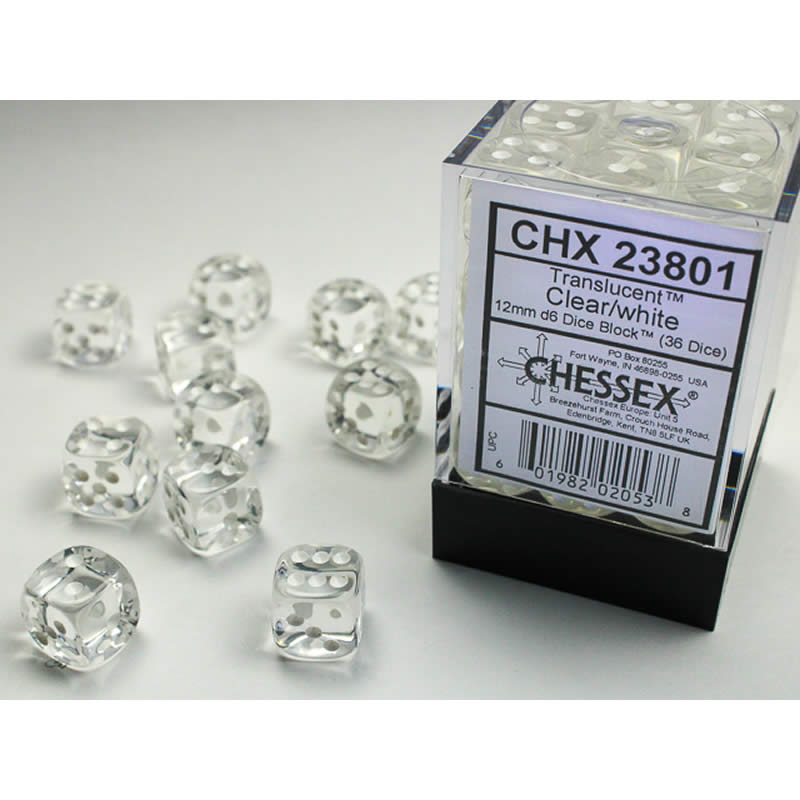 CHX23801 Clear Translucent D6 Dice White Pips 12mm Pack of 36 (ONLINE ORDER ONLY)