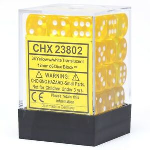 Chessex Translucent Yellow/White 12MM D6 Dice Block (36 dice)