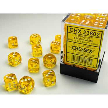 CHX23802 Yellow Translucent D6 Dice White Pips 12mm Pack of 36 (ONLINE ORDER ONLY)