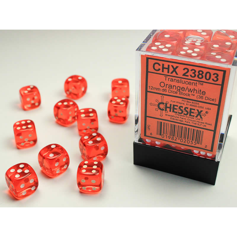 CHX23803 Orange Translucent D6 Dice White Pips 12mm Pack of 36 (ONLINE ORDER ONLY)