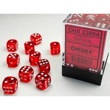 CHX23804 Red Translucent D6 Dice White Pips 12mm Pack of 36 (ONLINE ORDER ONLY)