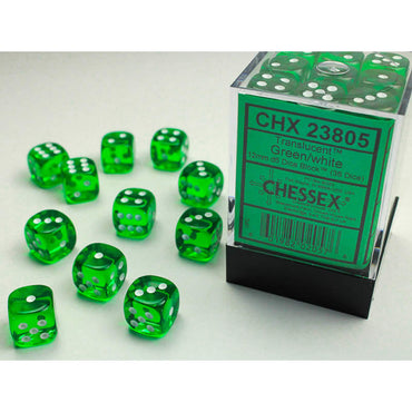CHX23805 Green Translucent D6 Dice White Pips 12mm Pack of 36 (ONLINE ORDER ONLY)