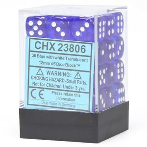 Chessex Translucent Blue/White 12MM D6 Dice Block (36 dice)