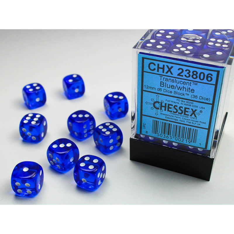 CHX23806 Blue Translucent D6 Dice White Pips 12mm Pack of 36 (ONLINE ORDER ONLY)