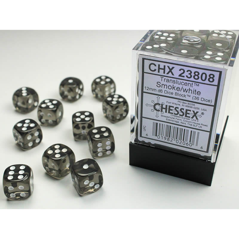 CHX23808 Smoke Translucent D6 Dice White Pips 12mm Pack of 36 (ONLINE ORDER ONLY)
