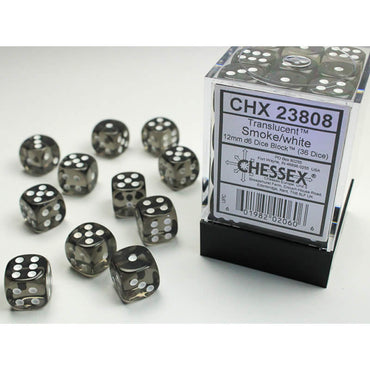 CHX23808 Smoke Translucent D6 Dice White Pips 12mm Pack of 36 (ONLINE ORDER ONLY)