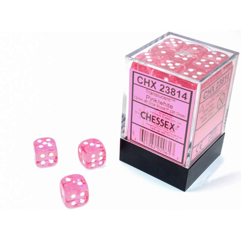 CHX23814 Pink Translucent D6 Dice with White Pips 12mm (1/2in) Pack of 36 (ONLINE ORDER ONLY)